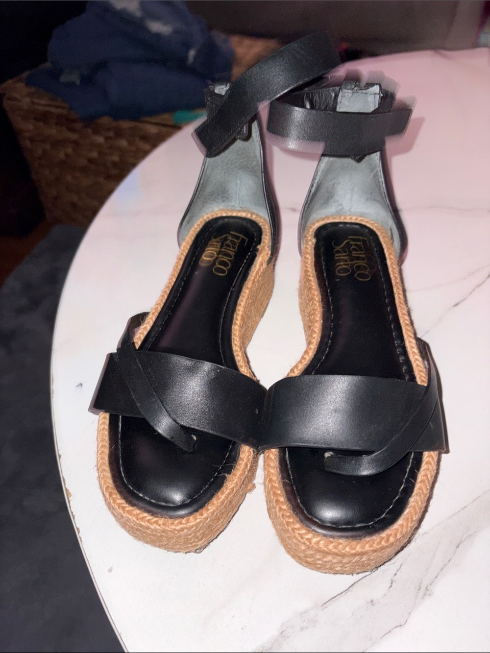 Franco Sarto Black Leather Espadrille Platform Sandals with Ankle Strap